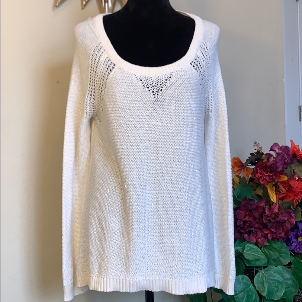 DKNY White Oversized Crew Neck Shimmer Sweater